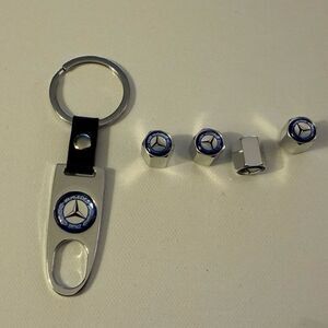 Mercedes Benz Metal Keychain and Valve Stem Caps in Silver NWT